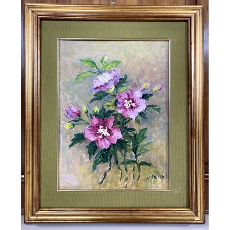 QUADRO DIPINTO OLIO N. Stucchi NATURA MORTA BOUQUET FIORI di IBISCO VIOLA '900