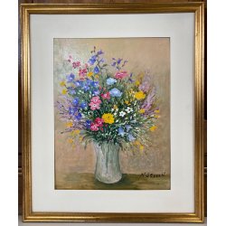 QUADRO DIPINTO OLIO N. Stucchi NATURA MORTA BOUQUET FIORI di CAMPO in VASO '900