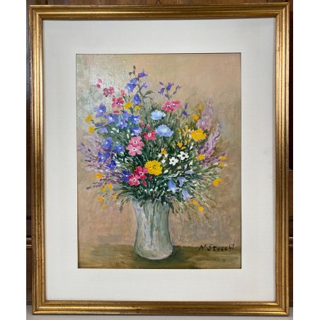 QUADRO DIPINTO OLIO N. Stucchi NATURA MORTA BOUQUET FIORI di CAMPO in VASO '900