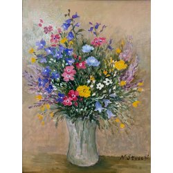 QUADRO DIPINTO OLIO N. Stucchi NATURA MORTA BOUQUET FIORI di CAMPO in VASO '900