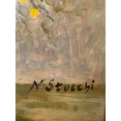 QUADRO DIPINTO OLIO N. Stucchi NATURA MORTA BOUQUET FIORI di CAMPO in VASO '900