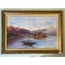 GRANDE QUADRO DIPINTO OLIO M. Pavesi "Isola Pescatori" PAESAGGIO LAGO MAGGIORE