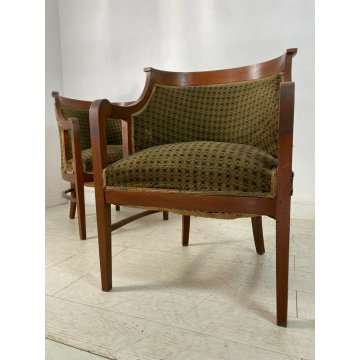 ANTICA COPPIA POLTRONA POZZETTO IMPERO POLTRONCINE BIDERMEIER MOGANO 1800 EPOCA