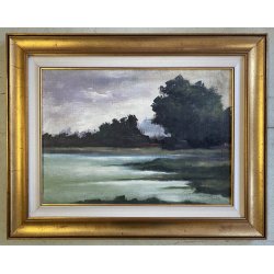 GRANDE QUADRO OLIO Bedo "Lago di Montorfano" PAESAGGIO LACUSTRE BRIANZA 1979