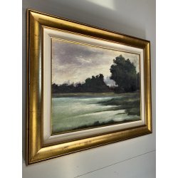 GRANDE QUADRO OLIO Bedo "Lago di Montorfano" PAESAGGIO LACUSTRE BRIANZA 1979