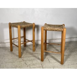 SET 2 SGABELLI DA BAR DESIGN ANNI 70 LEGNO PAGLIA COPPIA SEDIA SCANNO PERRIAND