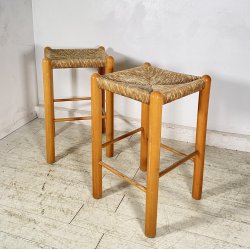 SET 2 SGABELLI DA BAR DESIGN ANNI 70 LEGNO PAGLIA COPPIA SEDIA SCANNO PERRIAND