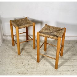 SET 2 SGABELLI DA BAR DESIGN ANNI 70 LEGNO PAGLIA COPPIA SEDIA SCANNO PERRIAND