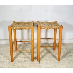 SET 2 SGABELLI DA BAR DESIGN ANNI 70 LEGNO PAGLIA COPPIA SEDIA SCANNO PERRIAND