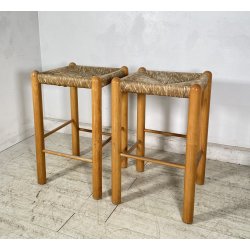 SET 2 SGABELLI DA BAR DESIGN ANNI 70 LEGNO PAGLIA COPPIA SEDIA SCANNO PERRIAND