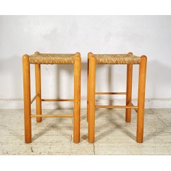 SET 2 SGABELLI DA BAR DESIGN ANNI 70 LEGNO PAGLIA COPPIA SEDIA SCANNO PERRIAND