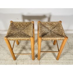 SET 2 SGABELLI DA BAR DESIGN ANNI 70 LEGNO PAGLIA COPPIA SEDIA SCANNO PERRIAND