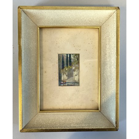 DIPINTO TEMPERA MINIATURA Piero Busonera VEDUTA LAGO COMO Punta Balbianello '56