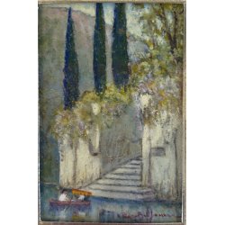 DIPINTO TEMPERA MINIATURA Piero Busonera VEDUTA LAGO COMO Punta Balbianello '56