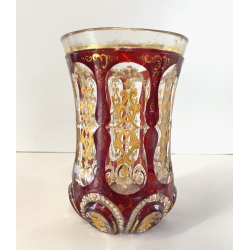 ANTICO VASO VETRO TRASPARENTE  MOLATO ROSSO RUBINO ORO GOBLET BIEDERMEIER 13cm/h