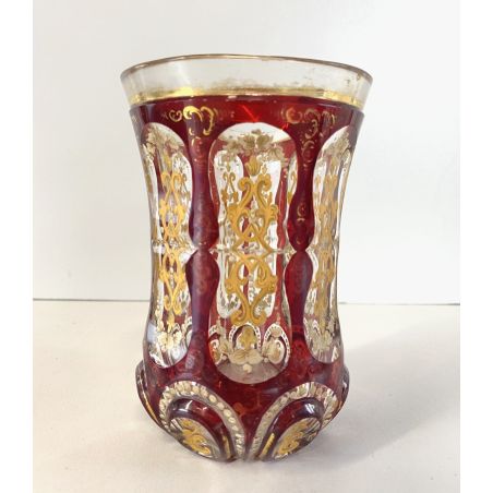 ANTICO VASO VETRO TRASPARENTE  MOLATO ROSSO RUBINO ORO GOBLET BIEDERMEIER 13cm/h