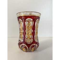 ANTICO VASO VETRO TRASPARENTE  MOLATO ROSSO RUBINO ORO GOBLET BIEDERMEIER 13cm/h