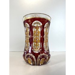 ANTICO VASO VETRO TRASPARENTE  MOLATO ROSSO RUBINO ORO GOBLET BIEDERMEIER 13cm/h