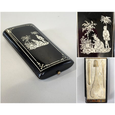 ANTICA SCATOLA SET CUSTODIA CUCITO BOITE à COUTURE BACHELITE DECORO INTARSIATO