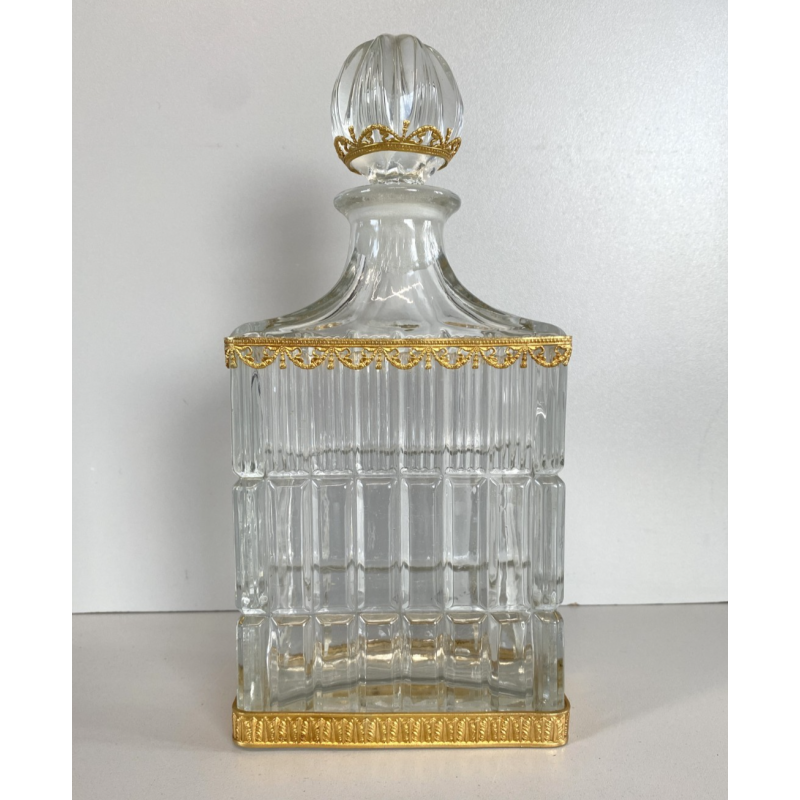 ANTICA BOTTIGLIA DECANTER CRISTALLO MOLATO DECORO METALLO ORNATO STILE CARLO X
