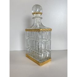 ANTICA BOTTIGLIA DECANTER CRISTALLO MOLATO DECORO METALLO ORNATO STILE CARLO X