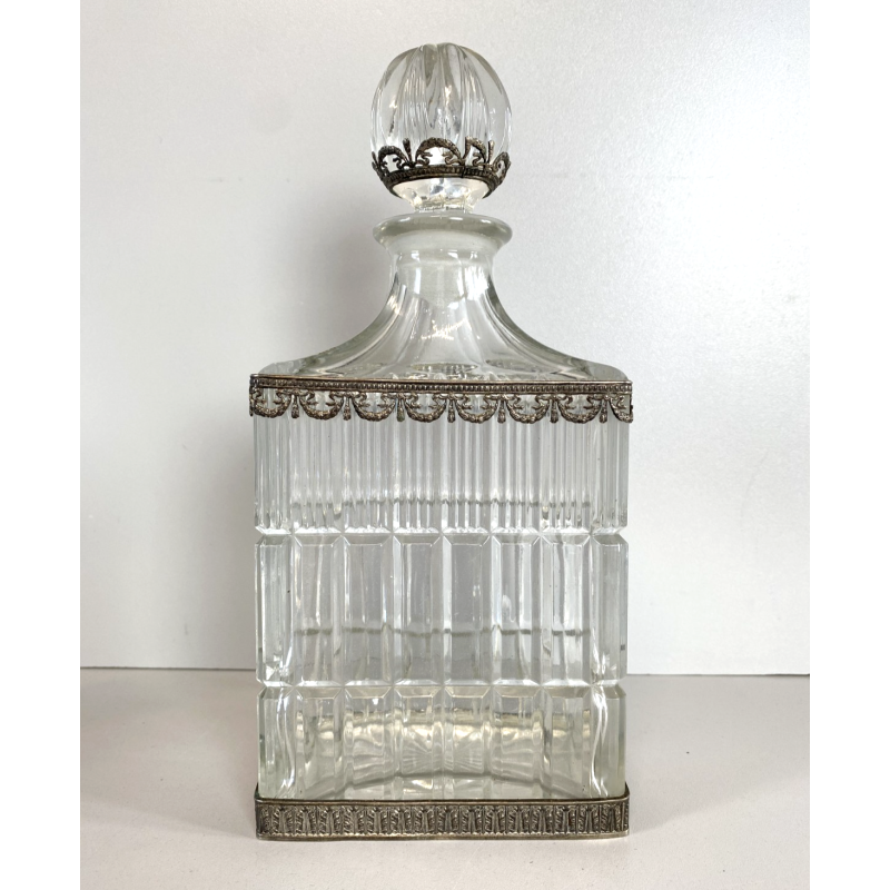 ANTICA BOTTIGLIA DECANTER CRISTALLO MOLATO STILE CARLO X DECORO METALLO ORNATO