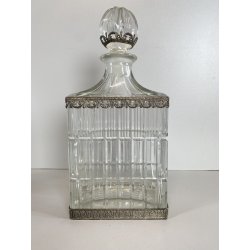 ANTICA BOTTIGLIA DECANTER CRISTALLO MOLATO STILE CARLO X DECORO METALLO ORNATO