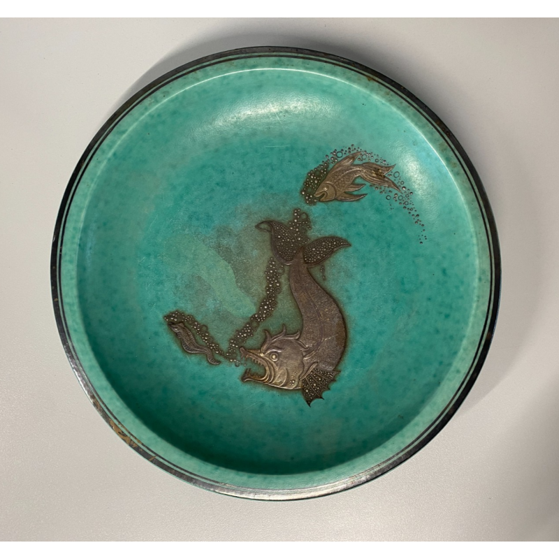 PIATTO DECORATIVO CERAMICA Gustavsberg Wilhem Kåge "Argenta" VERDE PESCI ø 31 cm