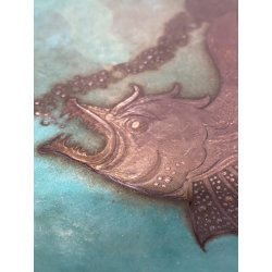 PIATTO DECORATIVO CERAMICA Gustavsberg Wilhem Kåge "Argenta" VERDE PESCI ø 31 cm