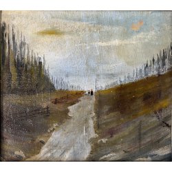 DIPINTO OLIO TAVOLETTA PAESAGGIO RURALE INVERNO CAMPAGNA STRADA FIGURE '900