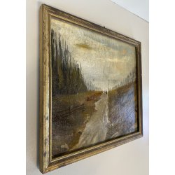 DIPINTO OLIO TAVOLETTA PAESAGGIO RURALE INVERNO CAMPAGNA STRADA FIGURE '900