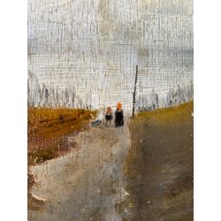 DIPINTO OLIO TAVOLETTA PAESAGGIO RURALE INVERNO CAMPAGNA STRADA FIGURE '900