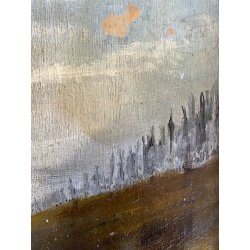 DIPINTO OLIO TAVOLETTA PAESAGGIO RURALE INVERNO CAMPAGNA STRADA FIGURE '900