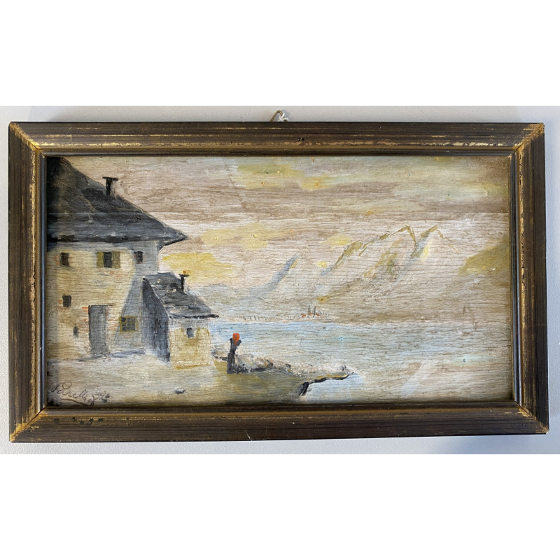 DIPINTO OLIO TAVOLETTA PAESAGGIO MONTANO LACUSTRE INVERNO CASALE FIGURA '900
