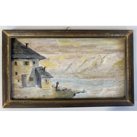 DIPINTO OLIO TAVOLETTA PAESAGGIO MONTANO LACUSTRE INVERNO CASALE FIGURA '900