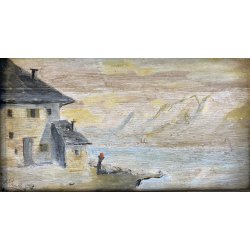 DIPINTO OLIO TAVOLETTA PAESAGGIO MONTANO LACUSTRE INVERNO CASALE FIGURA '900