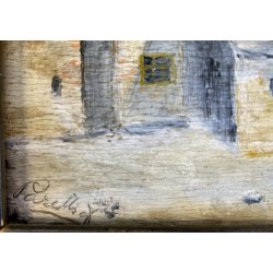 DIPINTO OLIO TAVOLETTA PAESAGGIO MONTANO LACUSTRE INVERNO CASALE FIGURA '900