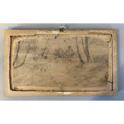 DIPINTO OLIO TAVOLETTA PAESAGGIO MONTANO LACUSTRE INVERNO CASALE FIGURA '900