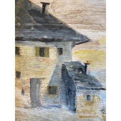 DIPINTO OLIO TAVOLETTA PAESAGGIO MONTANO LACUSTRE INVERNO CASALE FIGURA '900