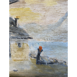 DIPINTO OLIO TAVOLETTA PAESAGGIO MONTANO LACUSTRE INVERNO CASALE FIGURA '900