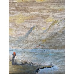 DIPINTO OLIO TAVOLETTA PAESAGGIO MONTANO LACUSTRE INVERNO CASALE FIGURA '900