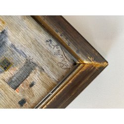 DIPINTO OLIO TAVOLETTA PAESAGGIO MONTANO LACUSTRE INVERNO CASALE FIGURA '900