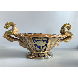 VASO CENTROTAVOLA Robbia MAIOLICA LUSTRO METALLICO DECORO VEGETALE ANSE a DRAGO