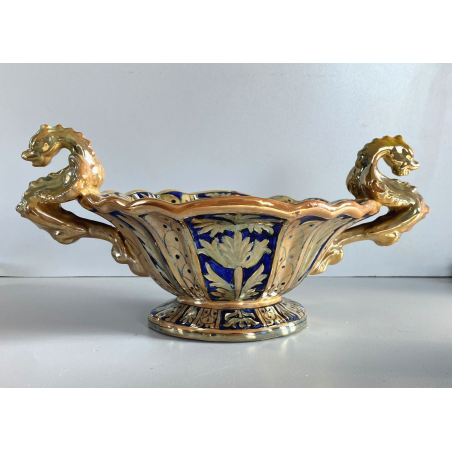 VASO CENTROTAVOLA Robbia MAIOLICA LUSTRO METALLICO DECORO VEGETALE ANSE a DRAGO