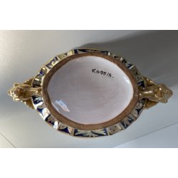 VASO CENTROTAVOLA Robbia MAIOLICA LUSTRO METALLICO DECORO VEGETALE ANSE a DRAGO