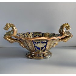 VASO CENTROTAVOLA Robbia MAIOLICA LUSTRO METALLICO DECORO VEGETALE ANSE a DRAGO
