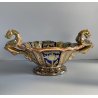 VASO CENTROTAVOLA Robbia MAIOLICA LUSTRO METALLICO DECORO VEGETALE ANSE a DRAGO
