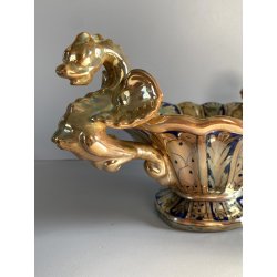 VASO CENTROTAVOLA Robbia MAIOLICA LUSTRO METALLICO DECORO VEGETALE ANSE a DRAGO