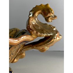 VASO CENTROTAVOLA Robbia MAIOLICA LUSTRO METALLICO DECORO VEGETALE ANSE a DRAGO