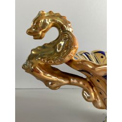 VASO CENTROTAVOLA Robbia MAIOLICA LUSTRO METALLICO DECORO VEGETALE ANSE a DRAGO